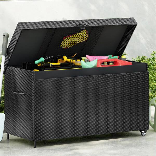 200 Gal. Black Wicker Outdoor Deck Box with Wheels All