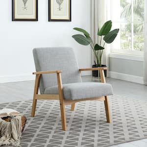 Gray Mid Century Arm Chair with Wood Frames Linen Upholstered