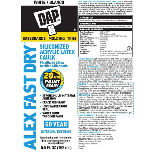 DAP Alex Fast Dry 5.5 oz. White Acrylic Latex Plus Silicone Caulk