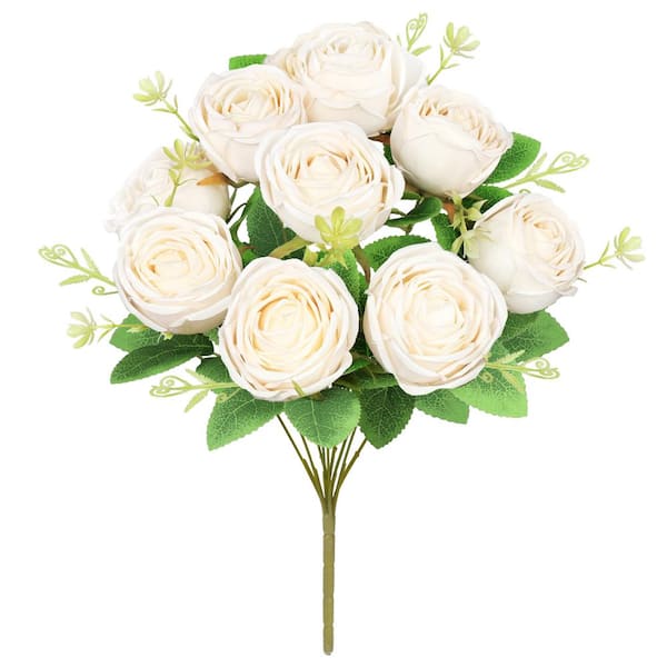 LIVING LUXURY 17 in. Ivory Artificial Vintage Cabbage Rose Flower Stem Bush Bouquet (Set of 2)