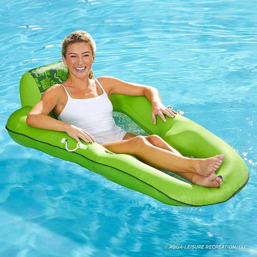 Green Inflatable Lounger with Ergonomic Backrest and Hand Pump