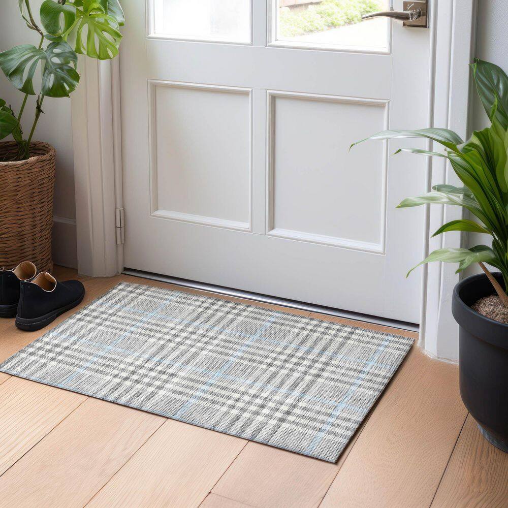 Gray Plaid Synthetic Washable Rectangular Area Rug 30" x 20"