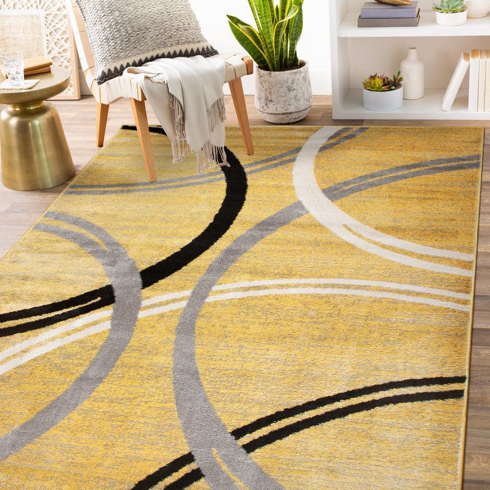 Yellow and Gray Abstract Circles 8' x 10' Synthetic Area Rug