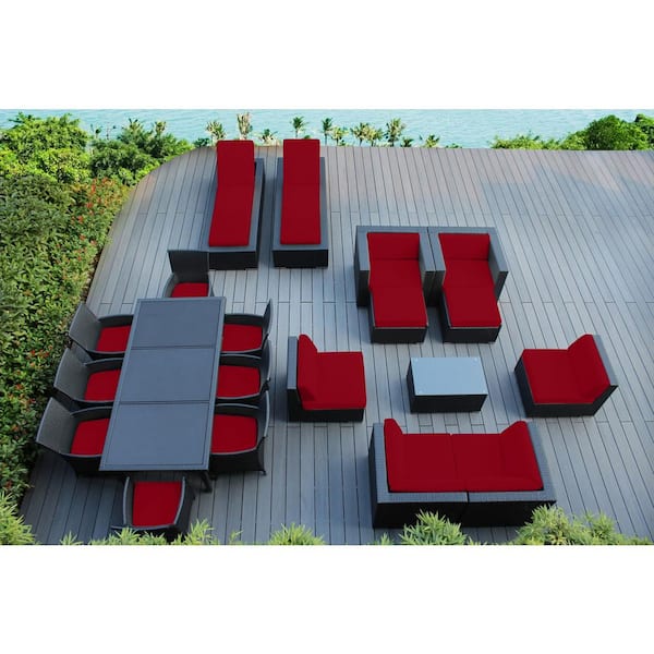 Ohana Depot Black 20-Piece Wicker Patio Combo Conversation Set with Supercrylic Red Cushions