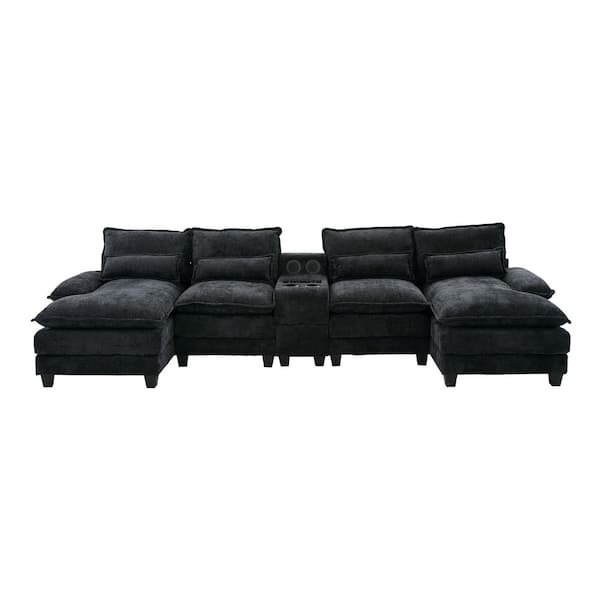 Modern 126 in. 4-Pieces Fabric Upholstered U-Shaped with Wireless Charging and Bluetooth Audio Sectional Sofa in. Black