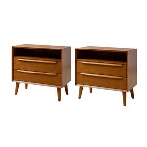 Leslie Mid-Century Modern Acorn 2-Drawer Nightstand with Built-In Outlets (Set of 2)