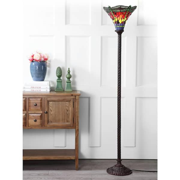 Dragonfly Tiffany-Style 71 in. Bronze/Green Torchiere Floor Lamp