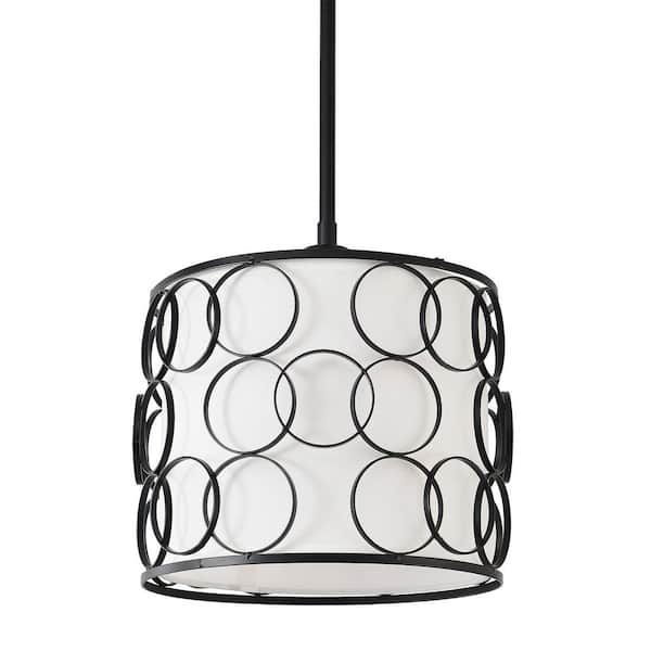 60-Wattt 1 Light Black Pendant Light with Open Metal Circle Cage and White Drum Fabric Shade