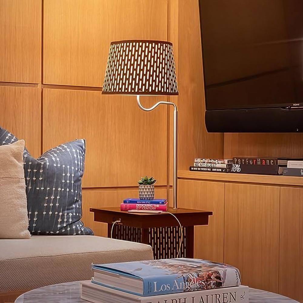 Madison Mid-Century Modern Side Table with Built-In LED Lamp and USB Ports, Havana Brown