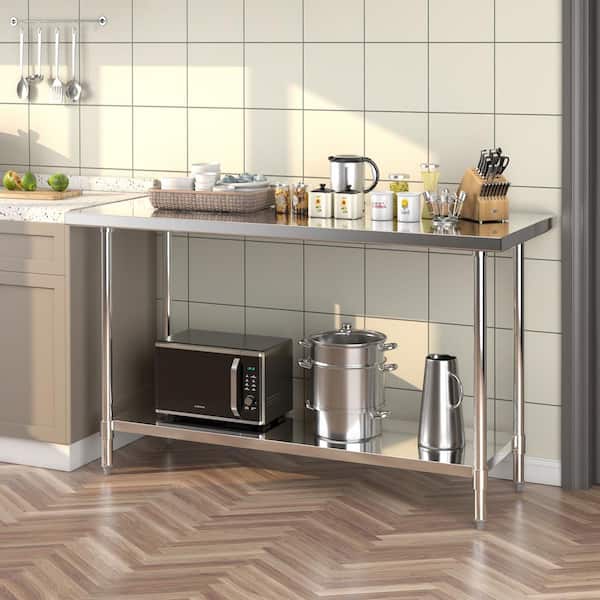 ANGELES HOME 24 in.x 60 in. Silver 430 Stainless Steel Commercial Prep and Work Table Kitchen Prep Table with Bottom Shelf