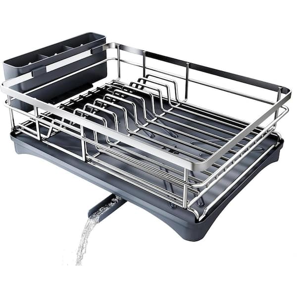 Kitchen Countertop Drying Dish Rack with Drainboard & Utensil Holder in Silver