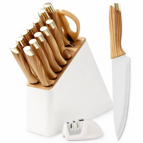 14-Piece High Carbon Stainless Steel Kitchen Knife Set with Block, Sharpener and Ergonomic Wood Grain Handles