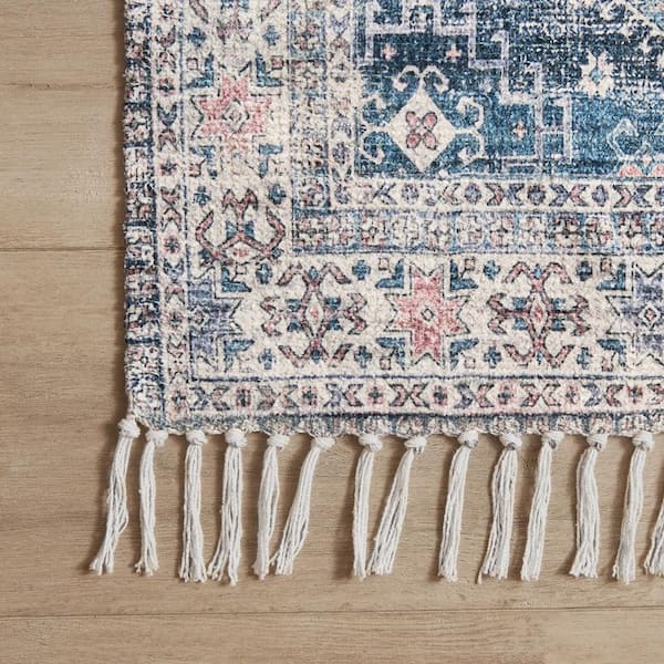 Chinille Fringe Machine Washable Blue 2 ft. x 4 ft. Medallion Accent Area Rug