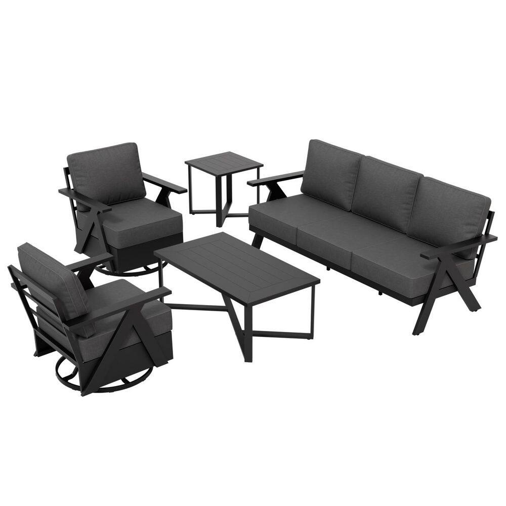 Modern 5-Piece Patio Set: 2 Rocking Chairs Three-Seater Sofa Coffee Table Side Table Black Steel with Gray Cushions price history on PriceWatchPro