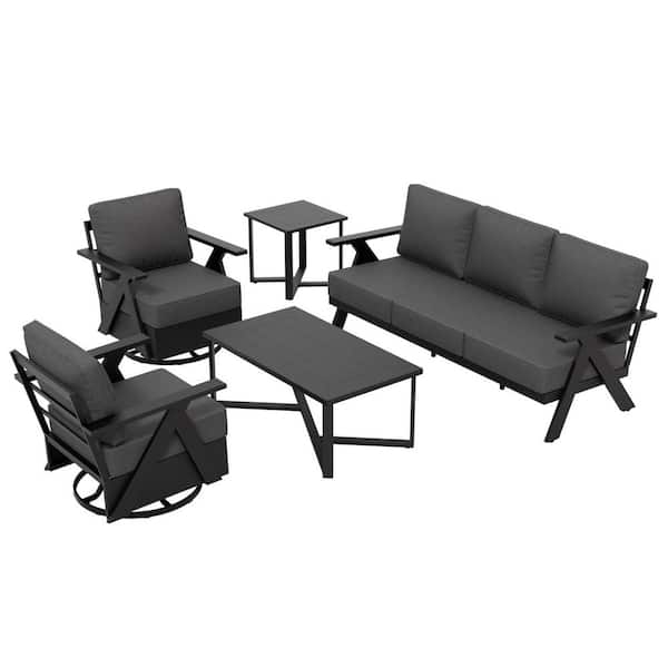 Modern 5-Piece Patio Set: 2 Rocking Chairs Three-Seater Sofa Coffee Table Side Table Black Steel with Gray Cushions