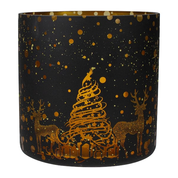 Northlight 6 in. Black and Gold Deer and Pine Trees Flameless Glass Candle Holder