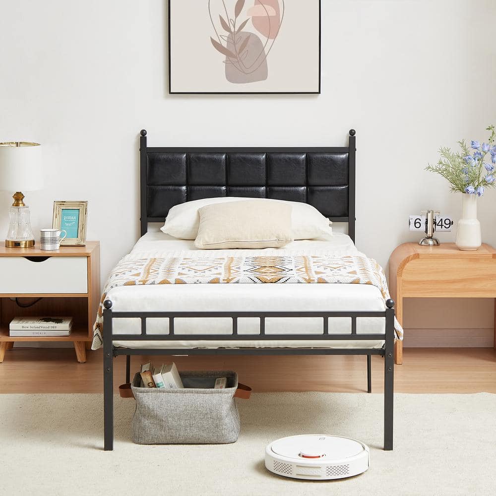 VECELO Bed Frame With PU Upholstered Headboard, Black Metal Frame Twin ...