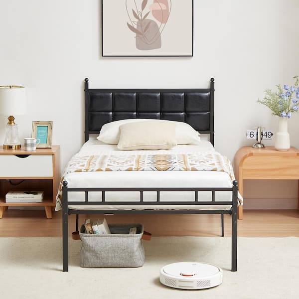 Bed Frame with PU Upholstered Headboard, Black Metal Frame Twin Platform Bed, No Boxing Spring Needed