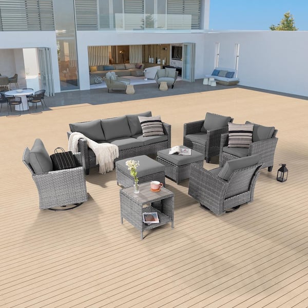 Sonkuki 8-Piece Patio Sofa Set Gray Wicker Outdoor Furniture Set Swivel Rocking Sofa, Gray Cushions