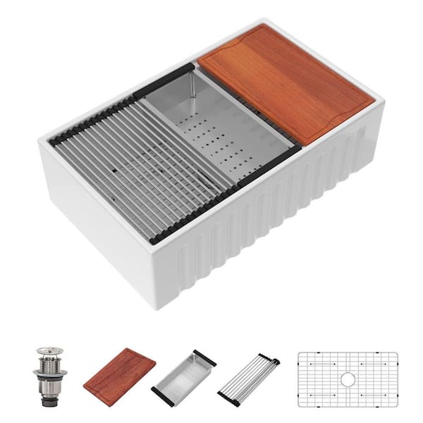 33" Gloss White Farmhouse Sink Ceramic Fireclay Undermount Single Bowl Workstation Apron Front Porcelain Kitchen Sink