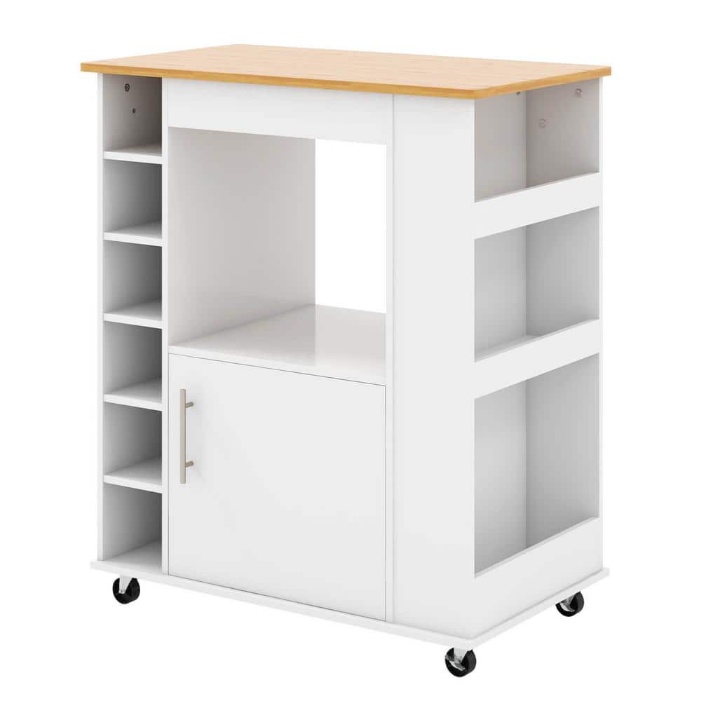White Rubberwood 30 in. Kitchen Island Cart with Bamboo Top and 6-Bottle Wi