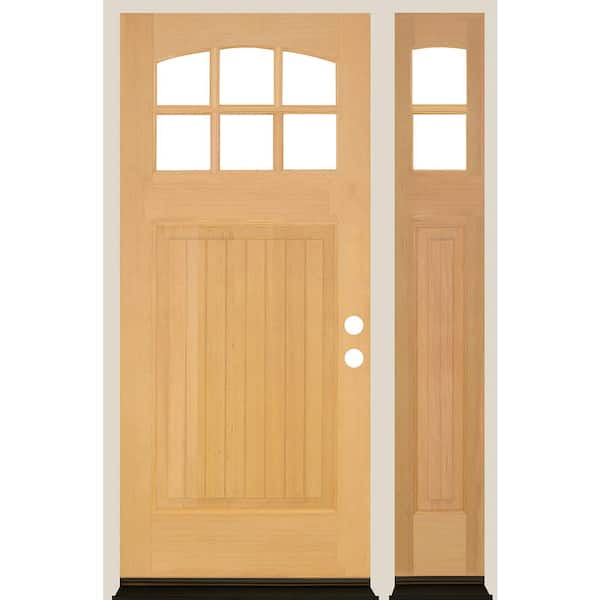 Krosswood Doors 50 in. x 80 in. Craftsman V-Groove Arch 6-Lite Clear Glass Unfinished Left Hand Hemlock Wood Prehung Front Door w/RSL