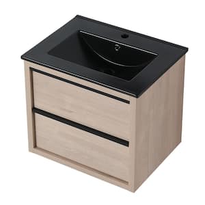 24.00 in. W x 18.30 in. D x 21.25 in. H Single Sink Wall MountedBath Vanity in Plain Light Oak with Black Ceramic Top