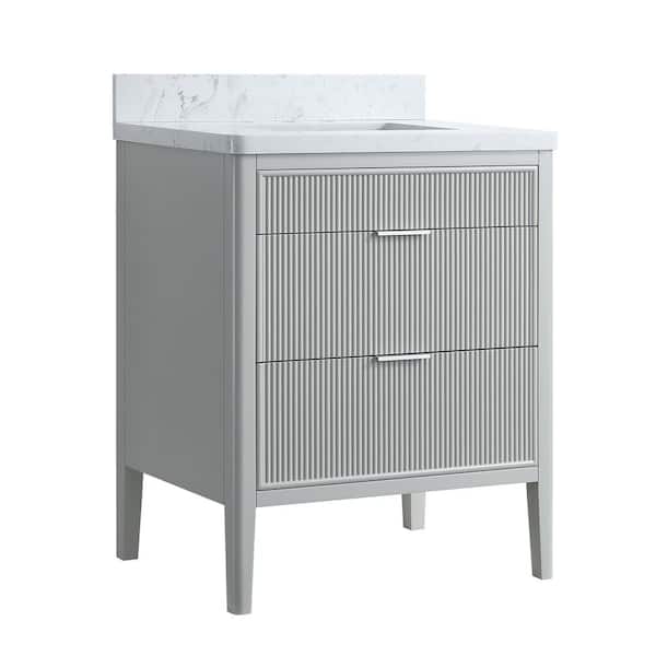 30 in. W Single Sink Solid Wood Bath Vanity in Light Gray with White Engineered Marble Top, Soft-Close