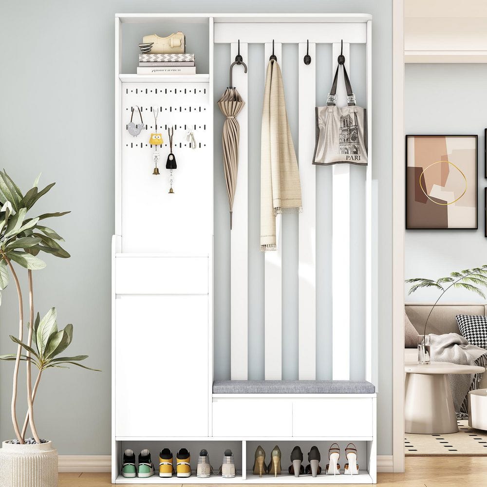 39.3 in. W x 11.8 in. D x 70.8 in. H White Wood Hall Tree with Pegboard, Co