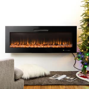 Oak Plus 50 in. L Black Recessed Wall Mounted Electric Fireplace with 9 Color Flames Faux Log and Crystal Decorated