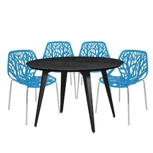 Ravenna 5-Piece Dining Set with 4-Stackable Plastic Chairs and Round Table with Metal Base, Blue