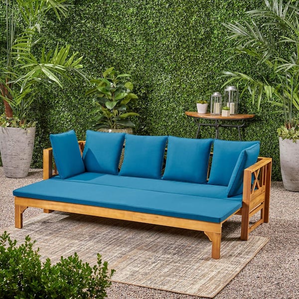 26 in. Teak Brown Outdoor Long Beach Day Bed Sofa with Water Resistant Cushion and Blue Cushion