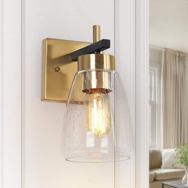 Uolfin 8.7 in. 1-Light Modern Mid-Century Black Bathroom Wall Sconce, Brass Powder Room Vanity Light with Seeded Glass Shade
