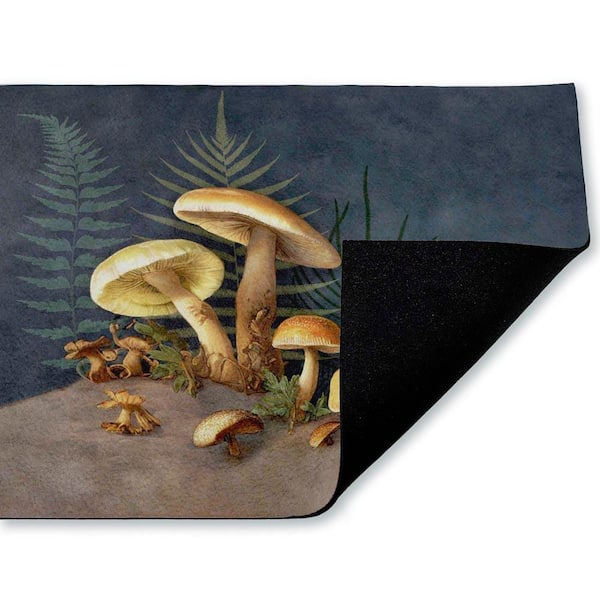 Mushrooms and Ferns on Blue Blue 18 in. x 30 in. Polyester Non-Slip Outdoor Door Mat