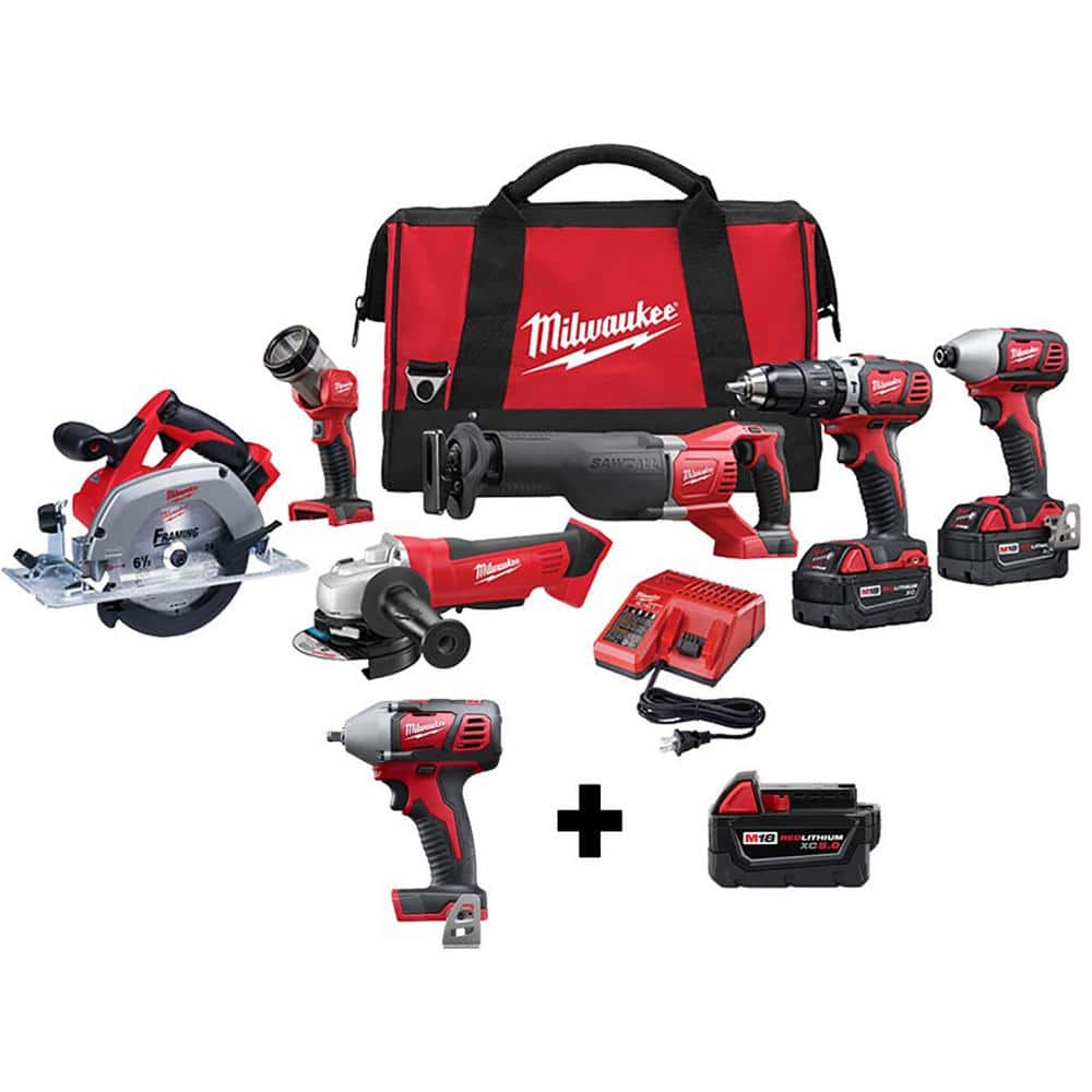 Milwaukee M18 18V Lithium-Ion Cordless Combo Tool Kit (6-Tool) w/ 3/8 in. Impact Wrench and Additional 5.0 Ah Battery -  2696-26-2658-2