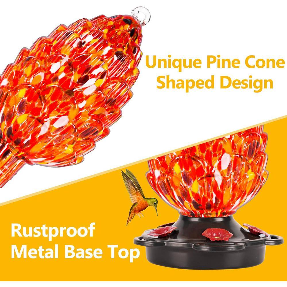 25 fl.oz Red Hand Blown Glass Pine Cone Hummingbird Feeder
