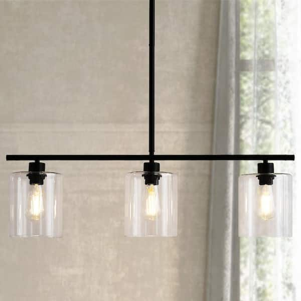 3-Light Matte Black Modern Kitchen Island Light fixtures,Linear Chandelier Pendant Hanging Light with Clear Glass Shade