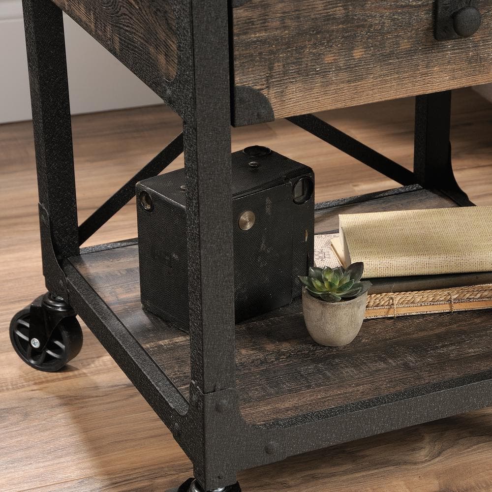 Rustic Carbon Oak Mobile Side Table with Storage Drawer