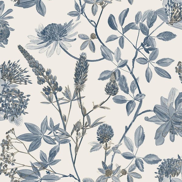 Botanical Blueprint Painterly Branches Blue with Ecru Cream Ground Wallpaper