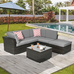 4-Pieces PE Rattan Wicker Outdoor Conversation Sectional Sofa Sets With Tempered Glass Table with Gray Cushions