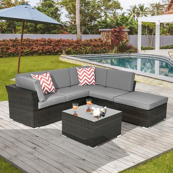 JOYESERY 4-Pieces PE Rattan Wicker Outdoor Conversation Sectional Sofa Sets With Tempered Glass Table with Gray Cushions