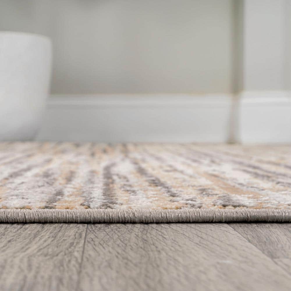 Beige and Gray Striped Synthetic Reversible Area Rug