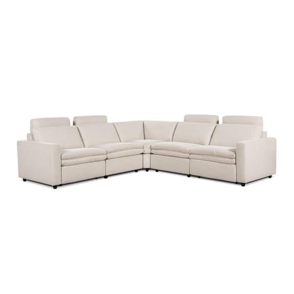 Camden 113 in. Performance Three-Proof C0 Fabric Power Motion 5-Piece Modular Corner Sectional Sofa in. Heathered Cream