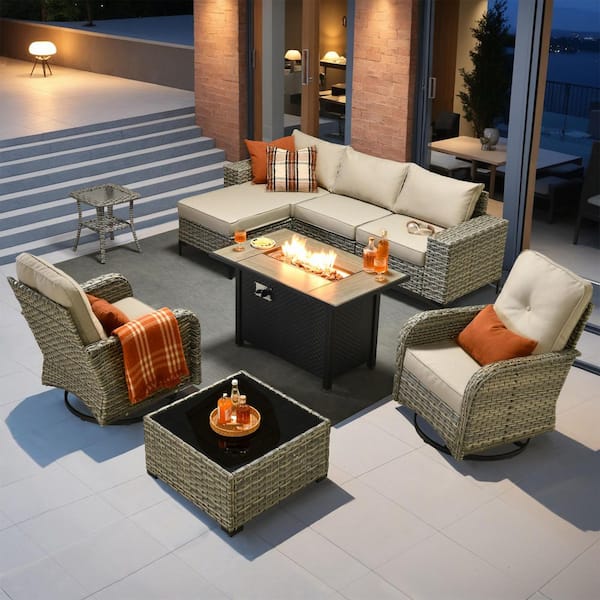 Puro 9 Pieces Wicker Outdoor Patio Rectangular Fire Pit Set and Swivel Rocking Chairs with Beige Cushions