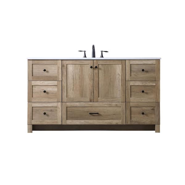 60 in. W x 19 in. D x 34 in. H Bath Vanity in Natural Oak with Ivory White Engineered Marble Top