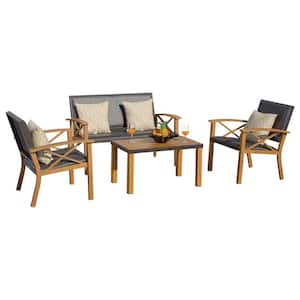 Patio Funiture 4-Piece Wood Patio Conversation Set with Grey Cushions and Padded Sofa