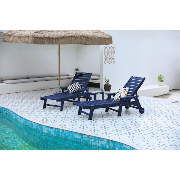 75. 20 x 28. 74 x 39. 17 in. Outdoor 3-Piece Navy Blue 2 Lounge Chairs and 1 Table For Garden Swimming Pool Beach