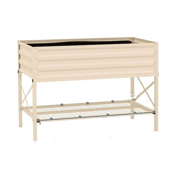 Oyezvary 41.8 in. x 21.3 in. x 30 in. Beige Steel Raised Garden Bed with Storage Shelf and Bed Liner for Flowers Herbs Vegetables