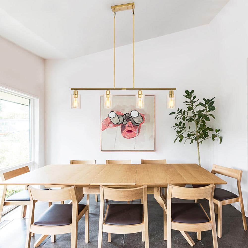 Golden Linear Metal Chandelier with Clear Glass Shades