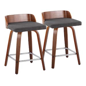Maya 24 in. Charcoal Fabric, Walnut Wood and Chrome Metal Fixed-Height Counter Stool (Set of 2)